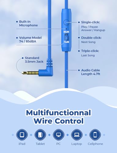 iClever Kids Headphones for School Travel, Safe Volume Limited, HD Mic Stereo Sound Over-Ear Girls Boys Headphones for Kid, FunShare Foldable 3.5mm Wired for iPad Computer, HS19 の商品画像 5