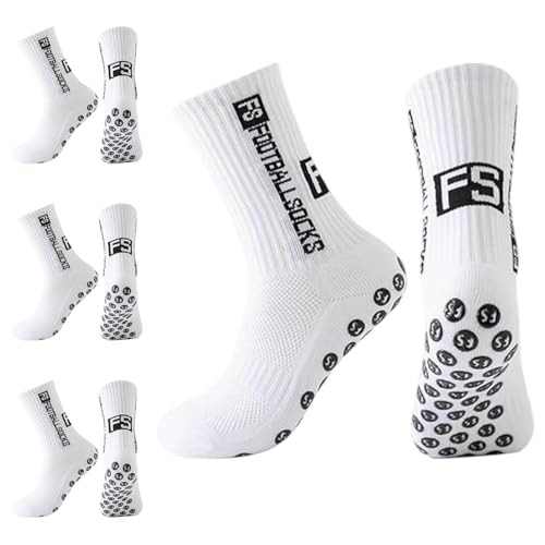 Lot de 4 paires Football Silicone Ventouse Chaussettes Antidérapantes foot, Chaussettes Antidérapantes Homme Femme, Convient pour Basketball Rugby Yoga Randonnée, EU 38-44, Blanc