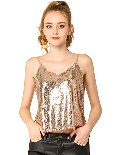 Allegra K Camisola Brillante con Lentejuelas del Día De San Patricio para Mujer Club Party Sparkle Cami Top Color Oro Rosa S