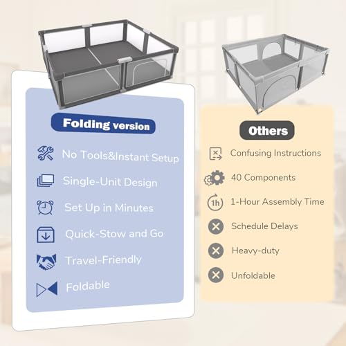 Foldable Baby Playpen - Portable, Spacious & Sturdy Play Yard for Babies and Toddlers, Quick 1-Minute Setup, Travel-Friendly, Safe & Durable for Indoor and Outdoor Use (Grey, 59x71 inches) - Image 4