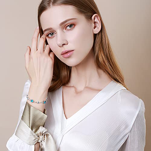 Carleen March Birthstone Bracelet 925 Sterling Silver Created Aquamarine Bracelet For Women Heart Shape Station Tennis Bracelet Gemstone Jewelry For Girls Wife Mom #TOP2
