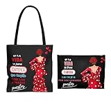 IllustrArte Pack bolso tote Málaga 43x43 Macarena frase + neceser Granada 22x17 Macarena frase – diseño flamenco mujer