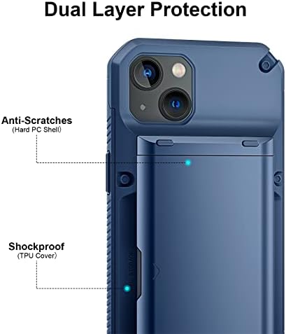 ACOCOBUY for iPhone 13 Case Shockproof Semi Auto Sliding Wallet Case for iPhone 13 Case with Card Holder [4 Cards] Protective Armor Phone Case Rubber Bumper Phone Cover for iPhone 14/iPhone 13, Navy