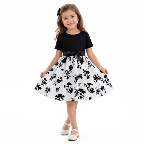 Vitianalie Girls Black White Floral A-Line Dress Short Sleeve Twirl Dress with Bow Kids Casual Dress 6 Years Black
