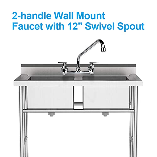 Kwode 8 Inch Center Wall Mount Faucet With 12" Swivel Spout 2 Handle Commercial Kitchen Sink Faucet Backsplash Mount On Prep Utility Sinks, Brass Constructed Chrome #TOP1