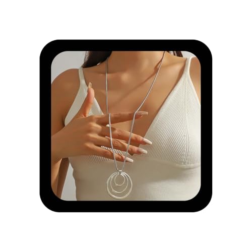 Image of Inilbran Boho Circles Long Pendant Necklace Large Circle Necklace Chain Open Circle Long Necklaces Concentric Circles Chain Necklaces for Women