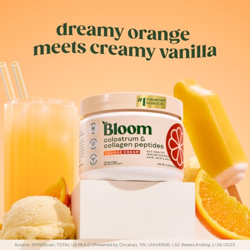 Image of Bloom Nutrition Bovine Colostrum Powder with Vitamin B-12 for Gut Health, Immune Support, Hair Growth & Beauty Supplement | Orange Cream, 25 Servings