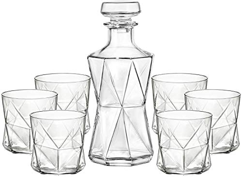 Bormioli Rocco Cassiopea 45009 - Juego de whisky (decantador con 6 vasos, set de regalo, capacidad de decantador de 1 litro, vasos de 330 ml, apto para lavavajillas)