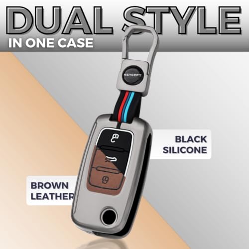 Image of KEYCEPT Premium 3 Button Remote flip Key Shell Compatible for Skoda Octavia, Laura, Superb, Fabia, Rapid, Polo, Vento, Jetta, Ameo, Passat. (Metal Dual Black & Tan)