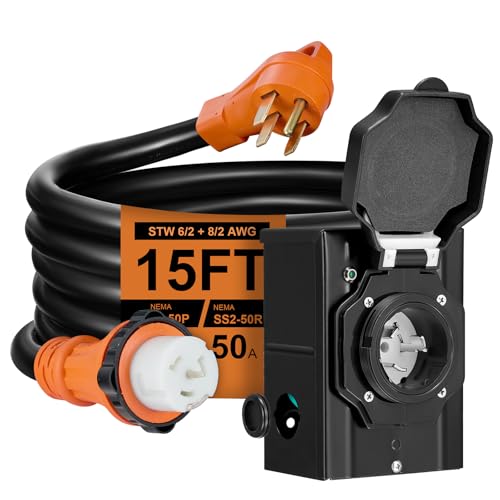 15FT 50 Amp Generator Cord with Pre-Drilled Power Inlet Box Heavy Duty Generator Power Cord 4 Prong 125/250V NEMA 14-50P Male to SS2-50R & CS6364 Waterproof ETL Listed Home/RV Power Supply