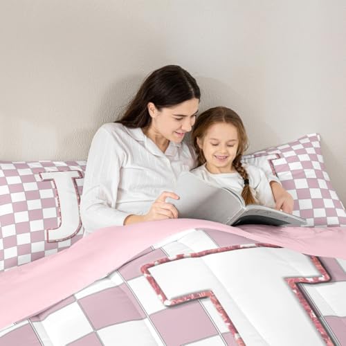 Image of Erosebridal Pink Initial J Toddler Bedding Set Kawaii Plaid Checkered Comforter Set for Kids Girls Teen Women Cute Personalized Monogram Down Comforter,Fashion Grids Gingham Quilt Duvet