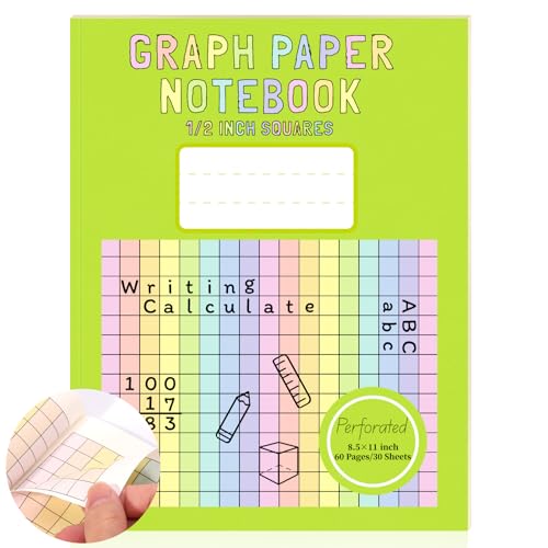 1 Pack 8.5×11 Colored Graph Paper Pad Math Notebook Graph Paper 1/2 Inch Squares Large Quad Ruled Gr