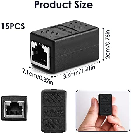 15 Pack RJ45 Coupler Ethernet Inline Connectors Network Extender Adapter Cat7 Cat6 Cat5e Cat5 for Extending the Ethernet Cables Female to Female Joiner LAN Connector Black