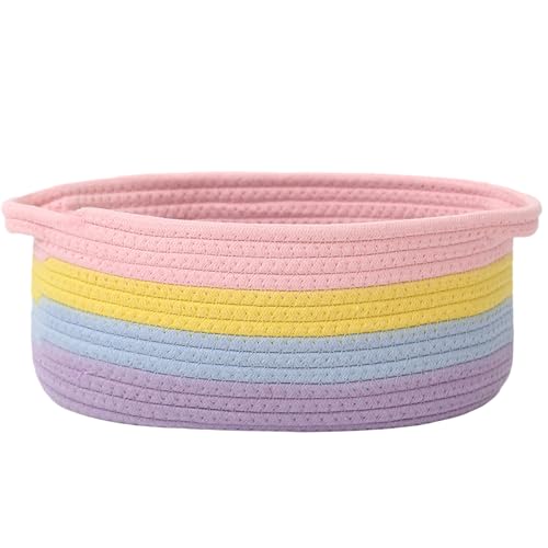 Image of JMvicyroam Small Woven Basket, Empty Gift Basket, Rainbow /1 Pack | Small Gift Basket, Cotton Rope, 12 x 8 x 51 in, Handles, Includes Ribbon and Bag, Birthday Gift Basket