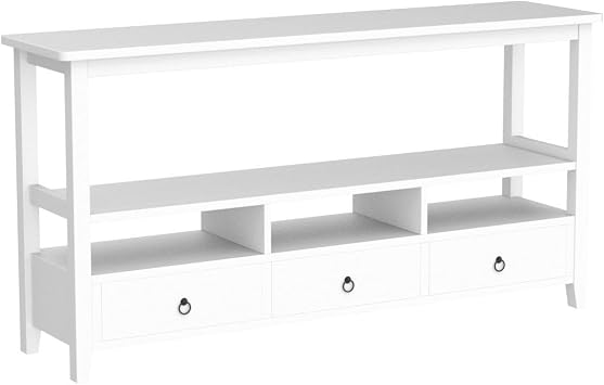 Karl home Console Table with 3 Bottom Drawers, 57.9 W Sofa Side Table Entryway Desk with 3 Storage Cubbies 1 Open Shelf, Vintage TV Stand for Hallway Living Room Office, White 29.9 H