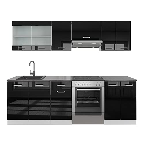 Vicco Mueble de Cocina Raul, Negro Brillo Intenso/Blanco, 240 cm sin encimera