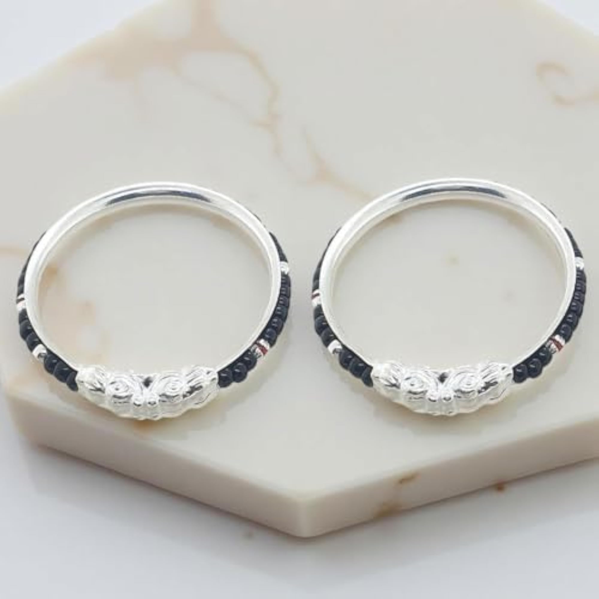 Exclusive Pure Silver Black & Red Beads Design Babies Nazariya Kada Bangle, Pack in Pair