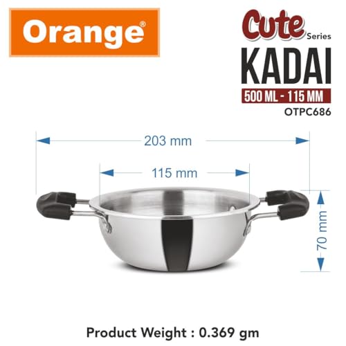 Image of Orange Triply Cute Series Mini KadaiTadka Pan 0.400 ml,(0.4L) | Heavy Bottom| Induction Friendly|2.5mm Thickness|Cool Touch Bakelite Stainless Steel Handle | 5Year Warranty
