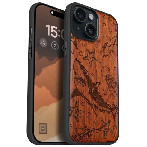 Étui de téléphone antichoc pour iPhone 15 résolvant les chutes avec son dos en bois