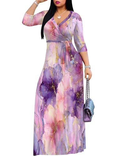 Image of PinkPatty Plus Size Maxi Dress for Women Casual V Neck 3 /4 Sleeve Boho Printed Long Dress with Pockets
