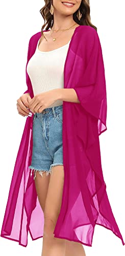 Image of Indian Trendy Women's Solid Puff Sleeve Kimono Long Cardigan Loose Cover Up Casual Blouse Top Chiffon