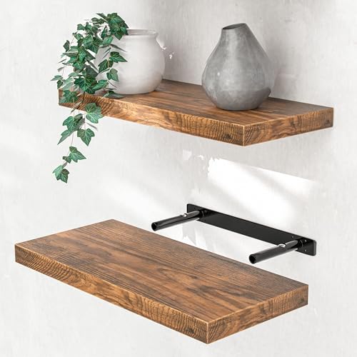 CASARIA® Set of 2 50cmx23cm Dark Oak Finish Floating Shelf Including Bracket | Wall Shelving Living Room Kitchen Bedroom Office | 38mm Thick | Hidden Wall Fixing | 15kg Capacity MDF