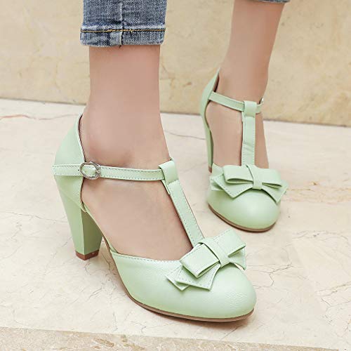 Shinelly Women Rockabilly Sweet T-Strap Cone Heel Mary Janes Adorable Round Toe Pumps With Bows(Mint Green,Us Size 8) #TOP4