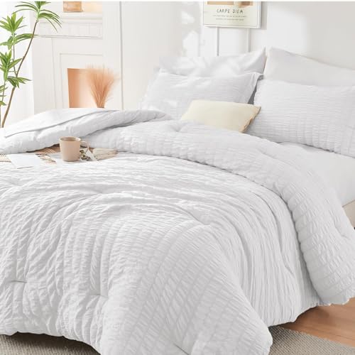 HYMOKEGE White Queen Comforter Set Seersucker 7 Pieces, All Season Luxury Bed in a Bag for Bedroom...