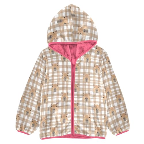 Aflyko Girls Warm Coat Funny Capybara Plaid Zip-Up Hoodie Fleece Outerwear Kids Pink Hooded Jacket Children's Fashion Cute Sweatshirt, 9-10T