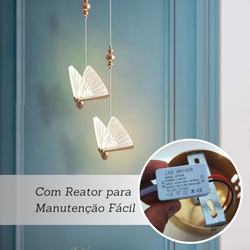 Luminária Pendente Borboleta Cristal 17cm Dourada Grande para Sala de Estar Quarto Cozinha Banheiro