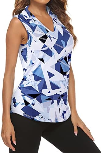 Tanst Sky Sleeveless Workout Tops for Women, Loose Fit Polo Collared Shirts V-Neck Quick Dry Running Hiking Golf Tshirts Pullover Tennis Yoga Gym Clothes Geometric Blue Large
