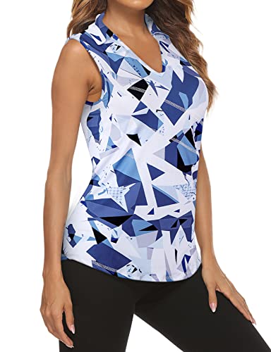 Tanst Sky Sleeveless Workout Tops For Women, Loose Fit Polo Collared Shirts V-Neck Quick Dry Running Hiking Golf Tshirts Pullover Tennis Yoga Gym Clothes Geometric Blue Large #TOP15