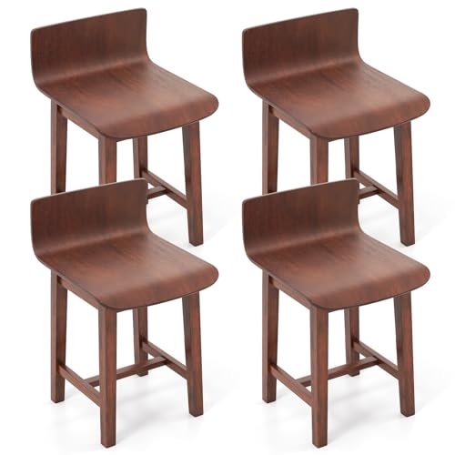 COSTWAY Swivel Solid Wood Dining Stools Set of 4 19-inch Counter Height Chairs with Low Back Footrest Farmhouse Wooden Armless barstools for Kitchen Island Dining Room Cafe Breakfast Walnut