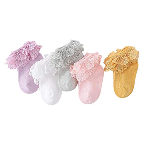 Ashmyova Baby Girls Eyelet Turn Cuff Ruffle Lace Socks Double Lace Dressy Socks Newborn/Infants/Toddlers Ankle Floor Socks 5Pack Size 12-24 Months