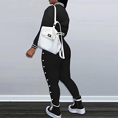 Women's 2 Piece Tracksuit Long Sleeve Varsity Outfit Crop Top Bodycon Pants Jumpsuit Set Black #TOP3