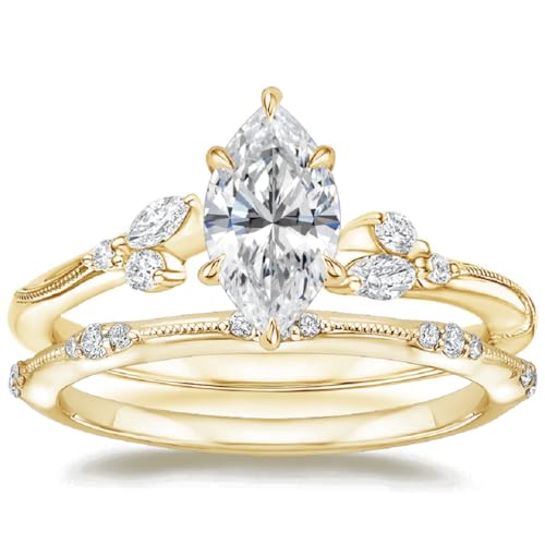 Generic 4 CT Marquise Moissanite Engagement Ring Set, Yellow Gold, Unique Bridal Set, 6