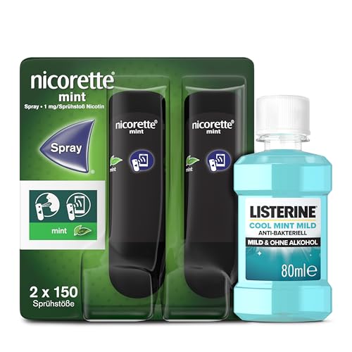 NICORETTE Spray mit mint Geschmack & Listerine Cool Mint mild 80ml – Rauchen aufhören mit Nikotinspray und Mundwasser