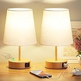 PreeOtti Lampe de Chevet Tactile Lot de 2 avec Ports de Charge USB C+A, Intensité Variable à 3 Voies, Abat jour en Lin, Petite Lampe de Table pour Chambre Salon D'enfant Bureau(Ampoules Incluse)