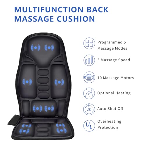 Sotion Massage Seat Cushion with Heat, Back Massager with 10 Vibration Motors, Massage Chair Pad for Back Pain Relief, Chair Massager for Office, Home Use, Seat Massager for Gift