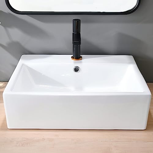 Vapsint Rectangular Vessel Sink,21"X16" Rectangle White Procelain Ceramic Above Counter Bathroom Sink Wall Mount Vanity Lavatory Bath Art Basin Sinks With Single Faucet Hole #TOP3