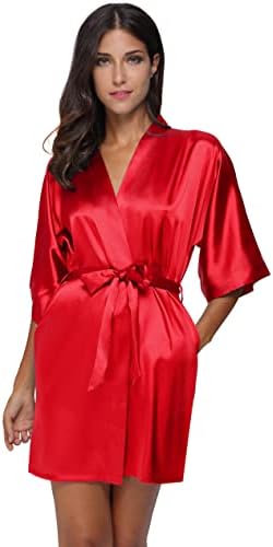 The Bund Women's Satin Robes Bride Bridesmaids Getting Ready Kimono Pure Color Bathrobes Sexy Red 3XL