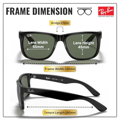 Image of Ray-Ban RB4165F JUSTIN CLASSIC LOW BRIDGE FIT Square Shape Sunglasses for Men with Official RayBan Eyewear Kit