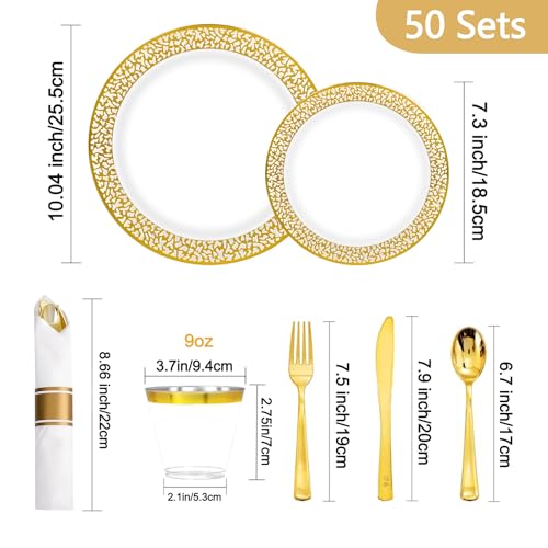 350 Piece Dinnerware Set for Wedding & Party,50 Guest Lace Design Plastic Plates,50 Plastic Silverware,50 Cups,50 Linen Like Napkins,50 Guest Disposable Dinnerware Set (Gold) (Gold) by himiyo - Image 2