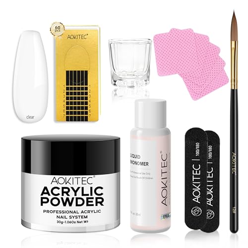 Aokitec Kit Uñas Acrilicas, 30g de Polvo Acrílico con Monomero Acrilico de Uñas Accesorios para Uñas, Portable Mini Acrilico para Uñas, Set Uñas Acrilicas, Regalo Mujer, Color Claro