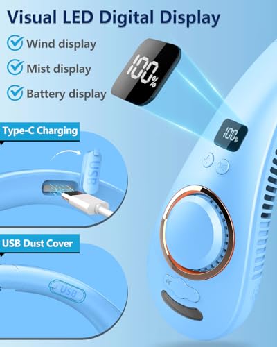 Image of Neck Fans Portable Rechargeable,Neck Fans that Blow Cold Air,Personal Cooling Device Wearable,Mini Ventilador Portatil,Bladeless Hand Free Neck Fan USB Chargeable Hot Flash Presents for Women Men Blue