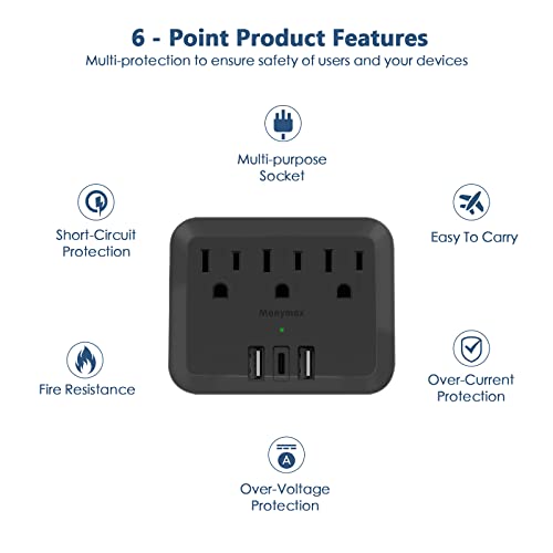 Multi Plug Outlet Extender With 3 Ac Outlets 2 Usb & 1 Usb-C, Manymax Outlets Splitter 1875W, Usb C Wall Charger, Multiple Power Outlet Adapter For Travel, Home, Office, Cruise, Dorm-Black (1 Pack) #TOP11