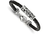 Chisel Stainless Steel Polished Antiqued Fleur De Lis Black Leather Bracelet