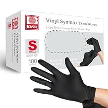 Basic Vinyl Exam Gloves, 4 mil Safty Glove Latex-Free & Powder-Free, SGBE 8001 Synmax Disposable Medical Glove Small Box of 100, Black