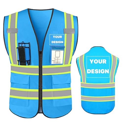YOWESHOP High Visibility Reflective Safety Vest with Pockets Custom Your Logo Safety Workwear, Blue L