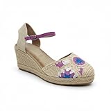 Sandalias de Cuña para Mujer, Estilo Espadrille, con Tira en el Tobillo y Diseño Bordado (multicolor, Sistema tallas calzado EU, Adulto, Números, mediano, 38)